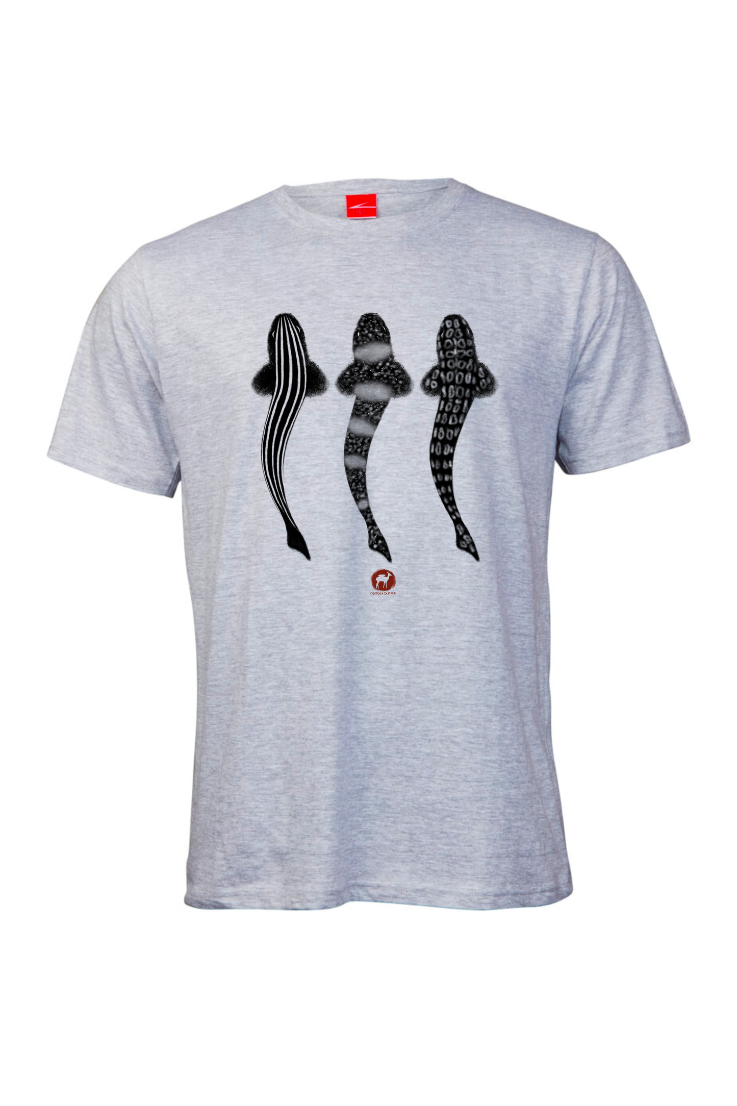 Grey Eco-friendly t-shirt with authentic Bushmen rock art and illustrations of Leopard Catshark, Pyjama Shark, and Puffadder Shark