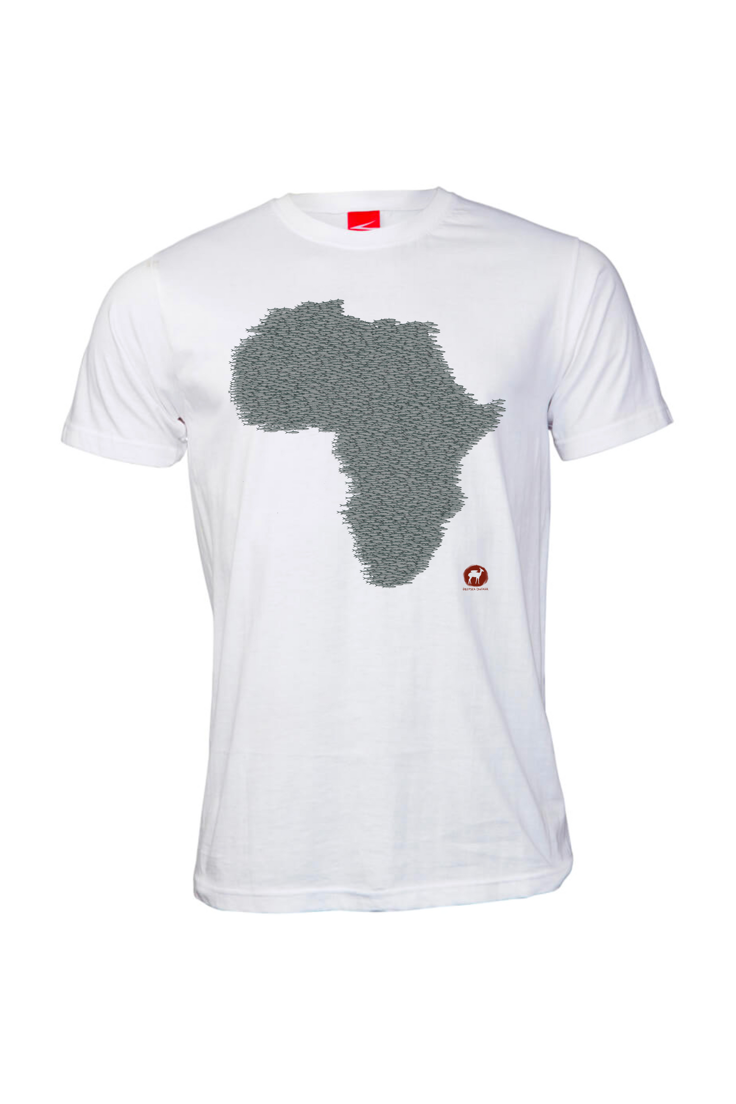 White t-shirt featuring a unique design of a bait ball in the shape of Africa, symbolizing the Sardine Run, made from soft, eco-friendly cotton