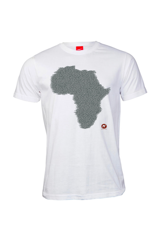 White t-shirt featuring a unique design of a bait ball in the shape of Africa, symbolizing the Sardine Run, made from soft, eco-friendly cotton