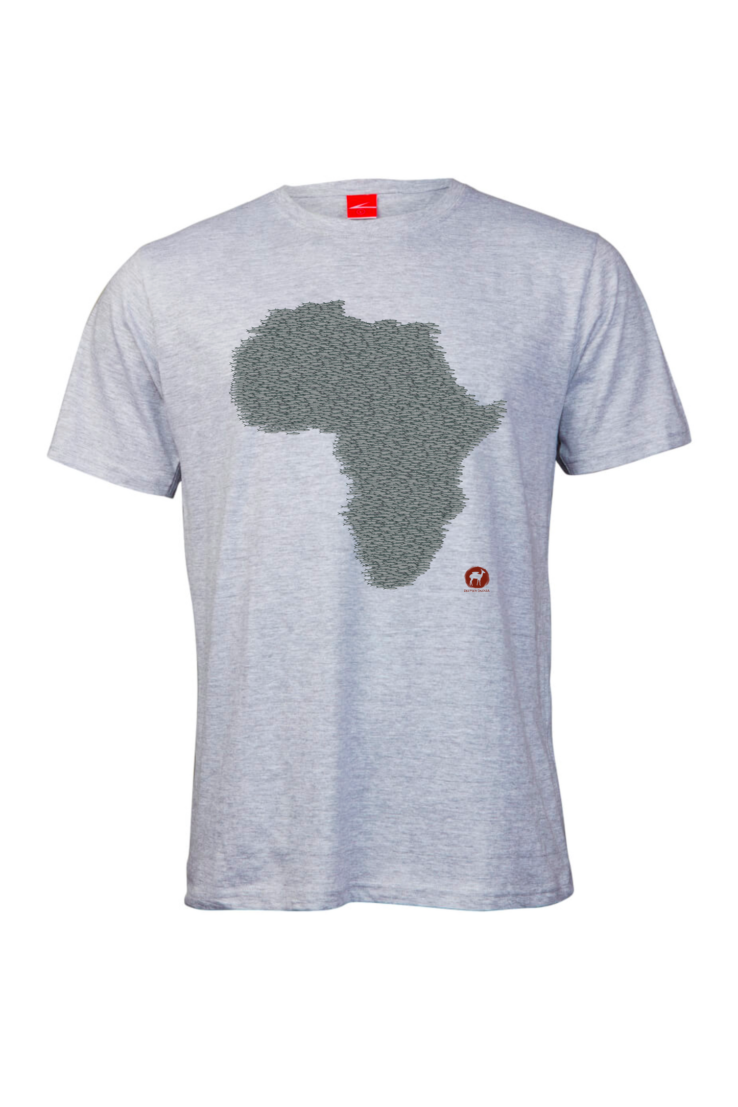 Grey t-shirt featuring a unique design of a bait ball in the shape of Africa, symbolizing the Sardine Run, made from soft, eco-friendly cotton