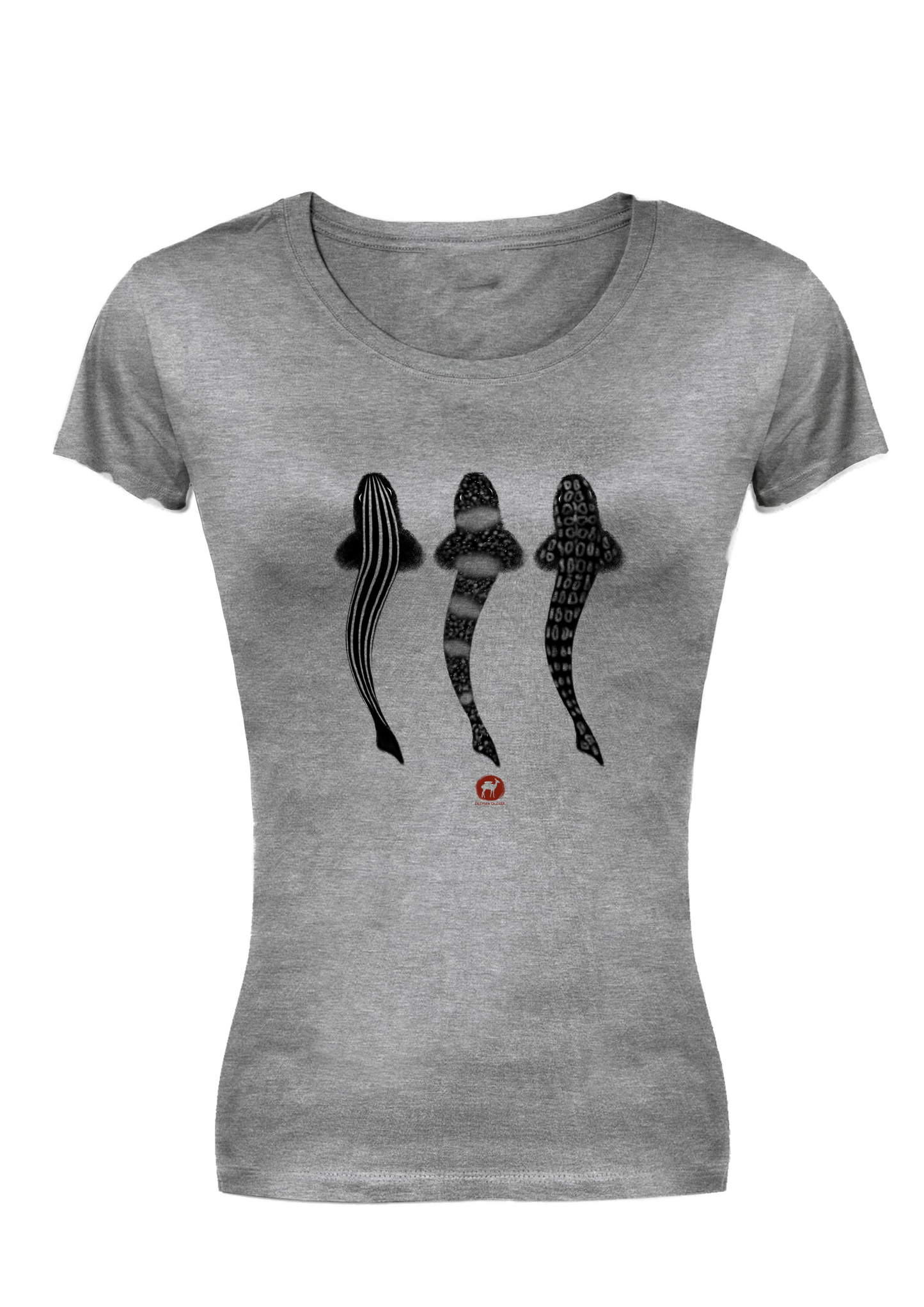Grey Eco-friendly t-shirt with authentic Bushmen rock art and illustrations of Leopard Catshark, Pyjama Shark, and Puffadder Shark