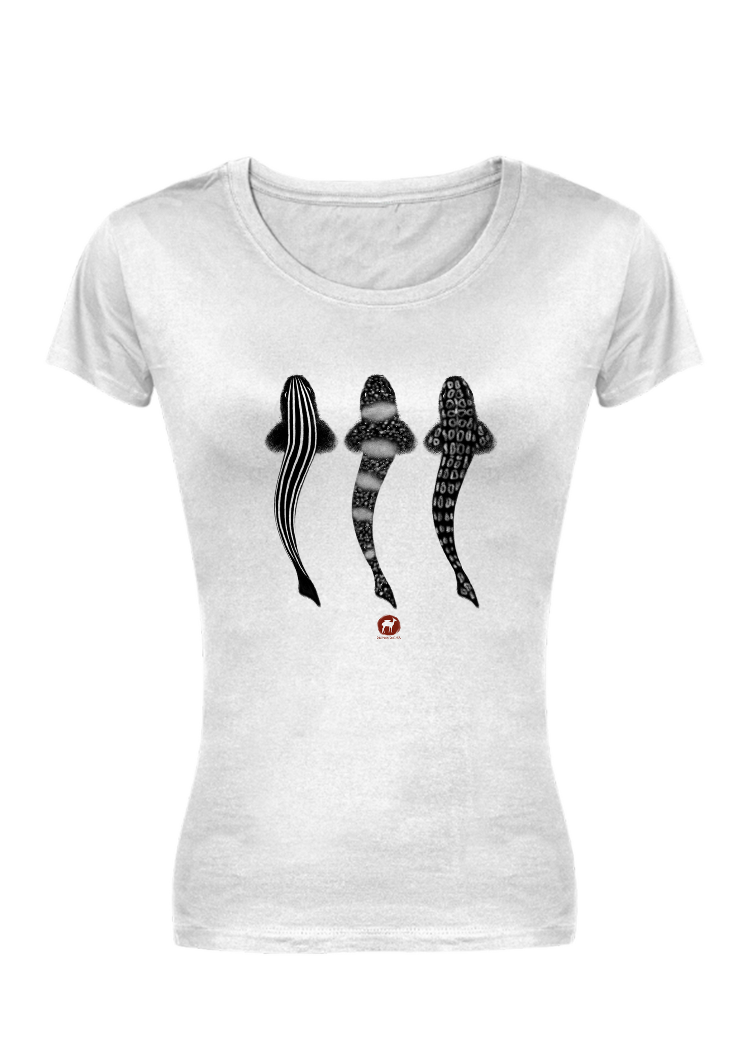 White Eco-friendly t-shirt with authentic Bushmen rock art and illustrations of Leopard Catshark, Pyjama Shark, and Puffadder Shark