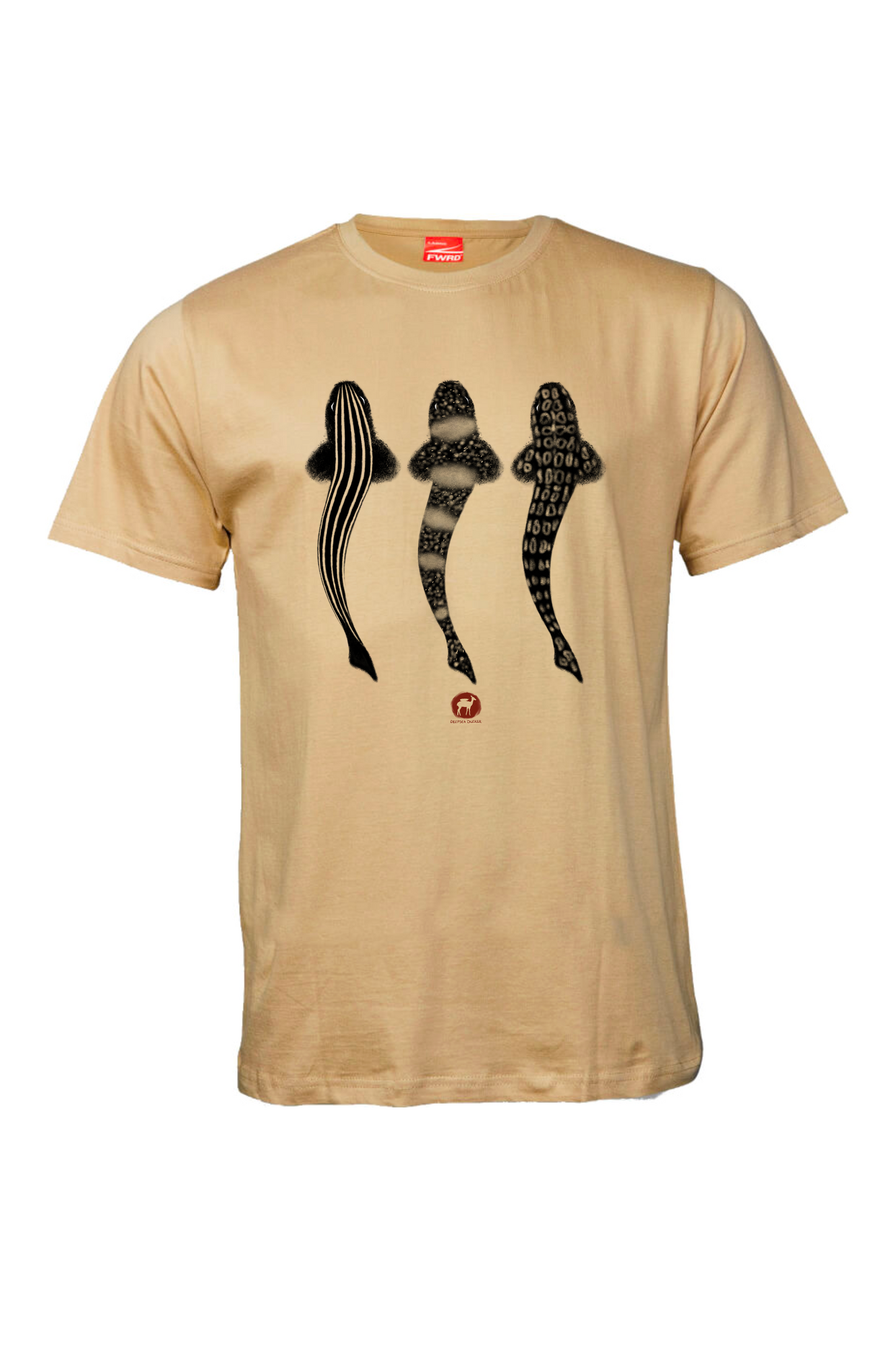 Stone Eco-friendly t-shirt with authentic Bushmen rock art and illustrations of Leopard Catshark, Pyjama Shark, and Puffadder Shark