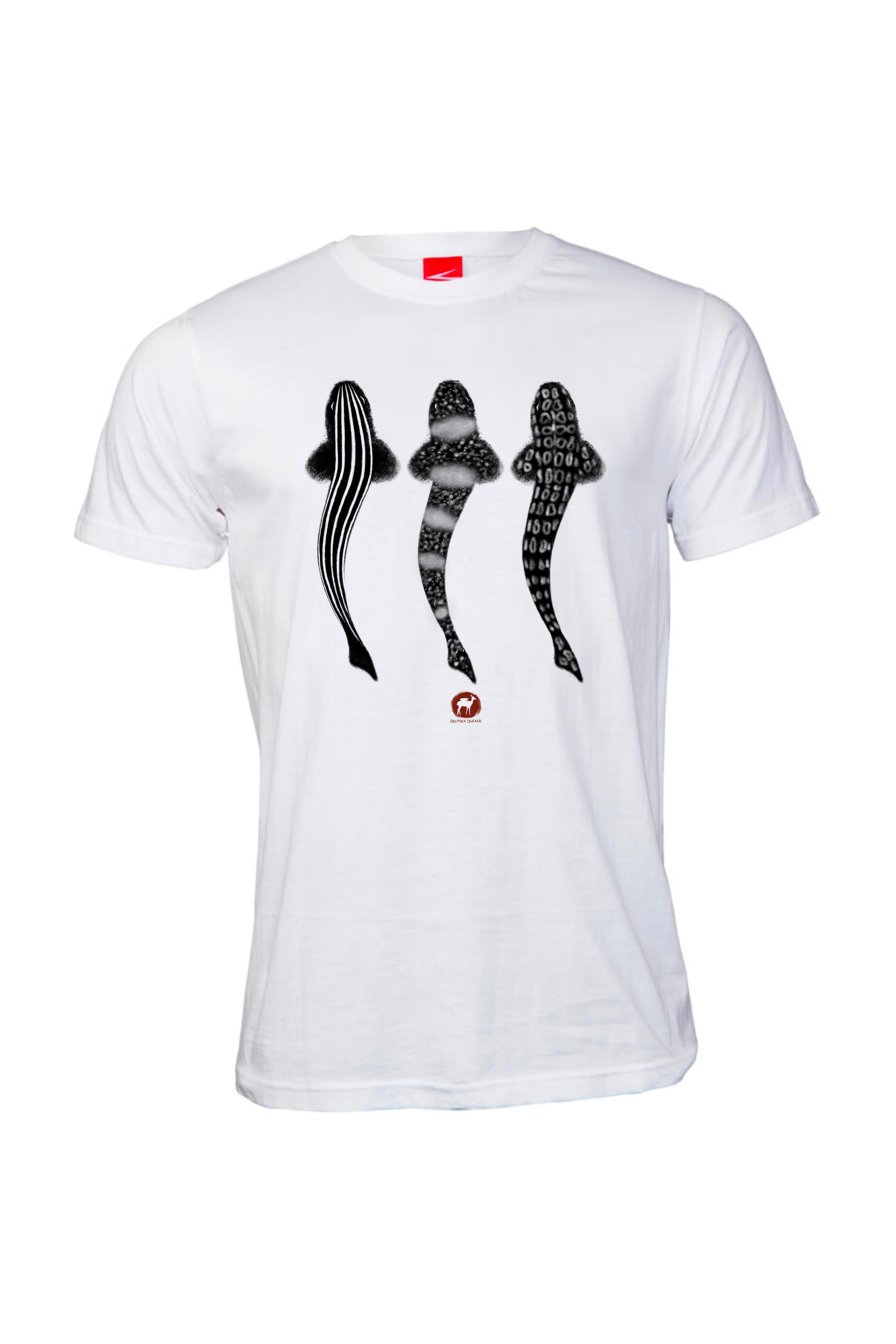 White Eco-friendly t-shirt with authentic Bushmen rock art and illustrations of Leopard Catshark, Pyjama Shark, and Puffadder Shark